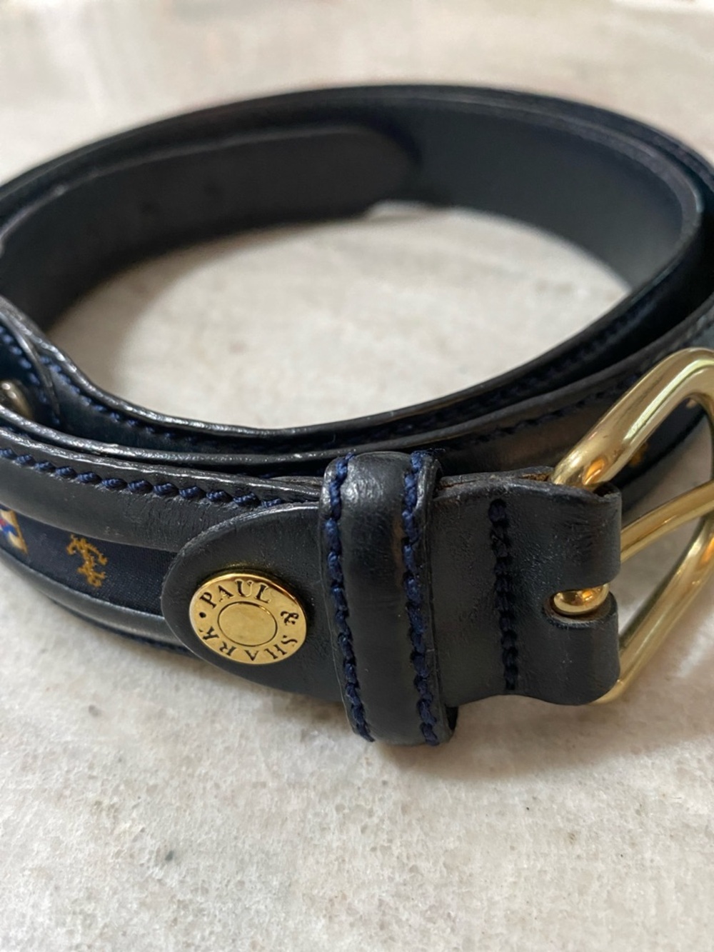 Paul & Shark Navy & Black Leather Nautical Yacht Belt w/ Gold  Hardware size 43